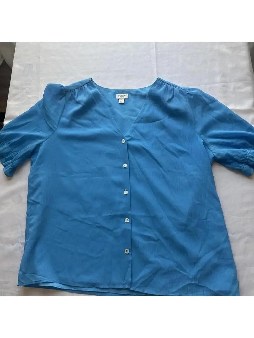 J.Crew Blue Button-Up Short Sleeve Blouse, Size M
